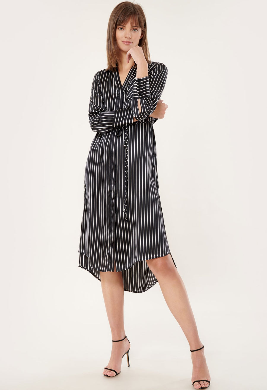 Striped Charmeuse Button-Up Dress